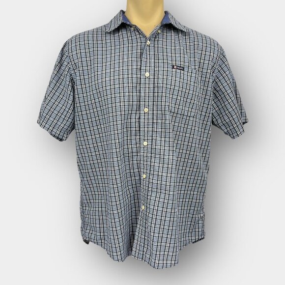 Chaps Men’s Easy‑Care Short‑Sleeve Plaid Shirt L/G (2XL Fit) Blue/Grey/White - Picture 1 of 7